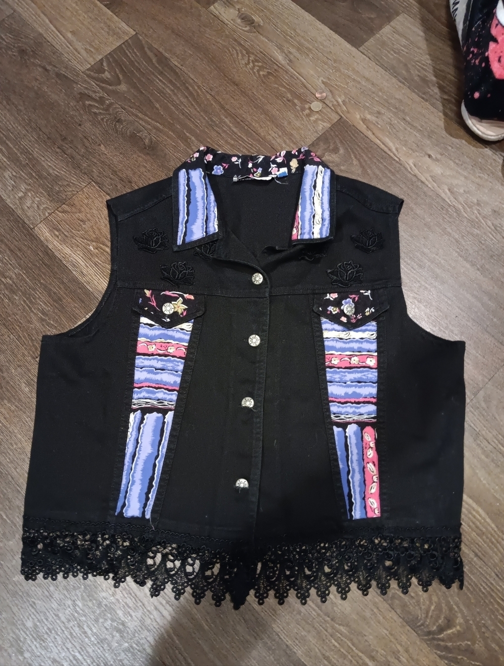 Vintage Boho Black Embroidered Denim Vest with Purple Accent Panels Sz 1X